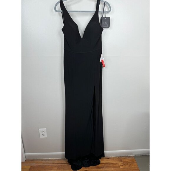Mac Duggal 25846 Jersey Plunge V-neck Black Gown Dress High Slit Size 4 NWT - Picture 5 of 9